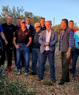 A group of men standing together in an olive grove during daylight. - Olive Oil Times