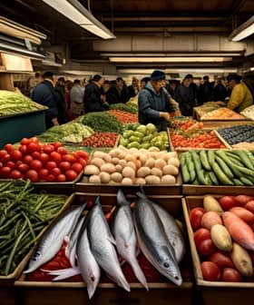 A market scene featuring various fresh vegetables, fruits, and fish arranged in wooden crates. - Olive Oil Times