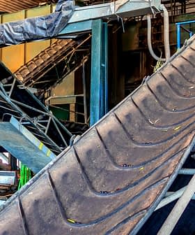 Industrial conveyor belt system with multiple inclined belts and metal framework. - Olive Oil Times