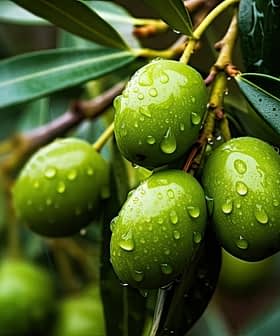 Close-up of green olives on a branch with water droplets on leaves and fruit. - Olive Oil Times