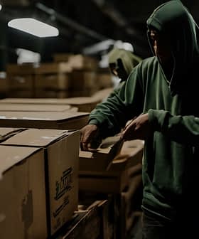 A warehouse worker in a green hoodie sorting through cardboard boxes in a dimly lit environment. - Olive Oil Times