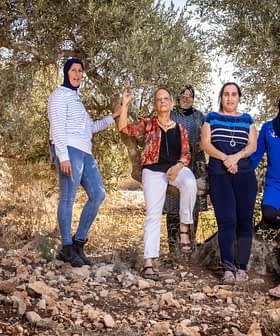 Group of six women standing and sitting in an olive grove, wearing casual clothing. - Olive Oil Times