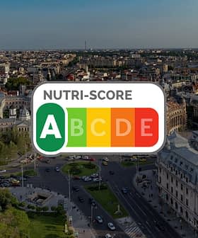 Aerial view of Bucharest cityscape with a Nutri-Score logo overlay in the center. - Olive Oil Times