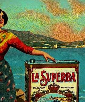 A vintage advertisement featuring a woman standing next to a can of La Superba olive oil by the sea. - Olive Oil Times