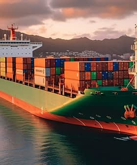 Large container ship loaded with colorful cargo containers navigating calm waters during sunset. - Olive Oil Times