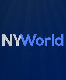 Дизайн логотипа для NYWorld 2023 со стилизованным текстом на синем фоне. - Olive Oil Times