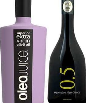 Zwei Flaschen natives Olivenöl extra, eine mit violettem Etikett und die andere mit schwarzem Etikett. - Olive Oil Times