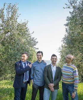 Quattro uomini in piedi insieme in un uliveto con alberi di ulivo sullo sfondo. - Olive Oil Times