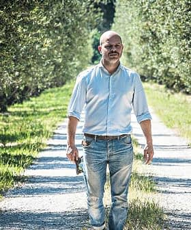 Un homme marchant le long d'un chemin de gravier dans une oliveraie entourée d'arbres. - Olive Oil Times