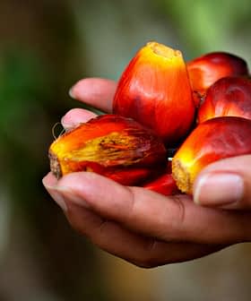 一只手拿着几颗新鲜的棕榈油果实，颜色呈红色，质地光滑。 - Olive Oil Times