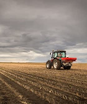 Trator vermelho equipado com um distribuidor de fertilizante trabalhando em um campo com fileiras de plantações. - Olive Oil Times