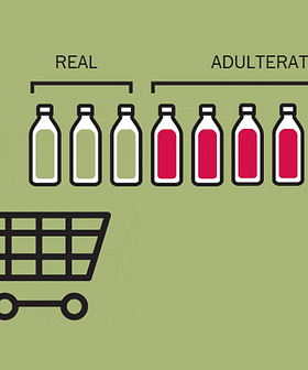 Graphique montrant une personne avec un chariot à côté de bouteilles étiquetées vraies et frelatées de différentes couleurs. - Olive Oil Times