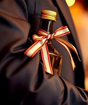 Una bottiglia di olio d'oliva legata con un nastro tenuta da una persona in giacca e cravatta. - Olive Oil Times