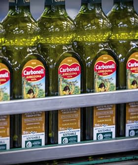 Ряды бутылок оливкового масла Carbonell на производственной линии в заводских условиях. Olive Oil Times