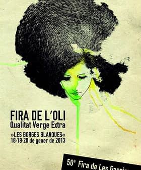 Affiche artistique pour l'événement Fira de l'Oli mettant en vedette une silhouette de femme et le thème de l'huile d'olive. - Olive Oil Times