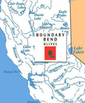 Mappa che mostra la posizione di Boundary Bend Olives in California con i laghi e i fiumi nelle vicinanze. - Olive Oil Times