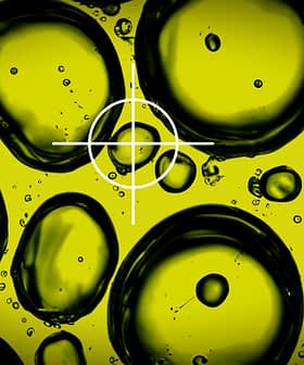 Imagem em close-up de gotas de azeite em um fundo amarelo com sobreposição de um círculo de foco. - Olive Oil Times
