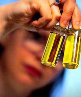 Pessoa segurando duas pequenas garrafas de vidro contendo azeite de oliva com um líquido amarelo dentro. - Olive Oil Times