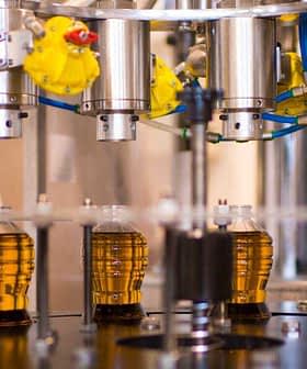 Machine d'embouteillage d'huile d'olive industrielle avec bouteilles remplies sur une ligne de production. - Olive Oil Times