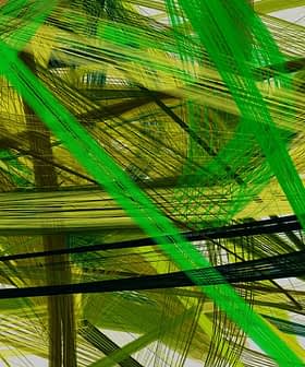 Obra de arte abstracta que presenta líneas entrecruzadas en tonos verdes y amarillos sobre un fondo claro. Olive Oil Times