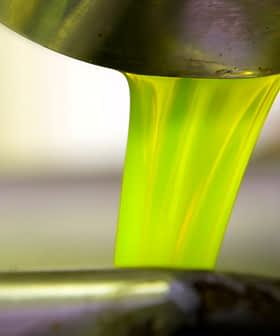 एक धातु के कंटेनर से एक कटोरे में चमकीला हरा जैतून का तेल डाला जा रहा है। - Olive Oil Times