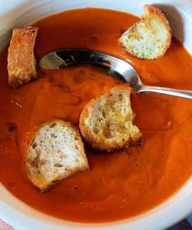 Sweet Potato and Tomato Soup with Olive Oil and Za'atar Croutons