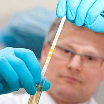 Scientist in gloves examining a test tube with a colorimetric analysis strip for measurement. - Olive Oil Times