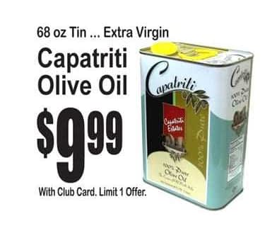 68 oz tin of Capatriti Extra Virgin Olive Oil with a yellow cap and price tag. - Olive Oil Times