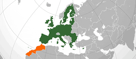 Map of Europe with Morocco highlighted in orange and the rest of Europe in green. - Olive Oil Times