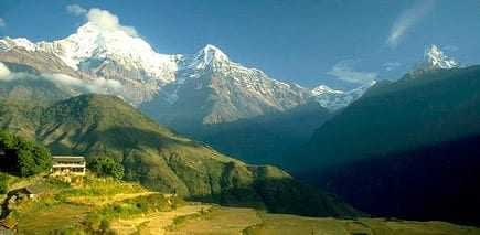 Snow-capped mountains in Nepal with clear blue sky and green hills in the foreground. - Olive Oil Times