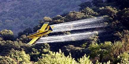 Yellow agricultural aircraft spraying pesticides over a green landscape with trees. - Olive Oil Times