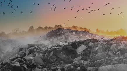 A landfill site with a large mound of waste and birds flying in the sky at sunset. - Olive Oil Times
