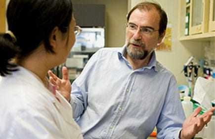 Two individuals, one wearing a white lab coat, engaged in a conversation in a laboratory environment. - Olive Oil Times