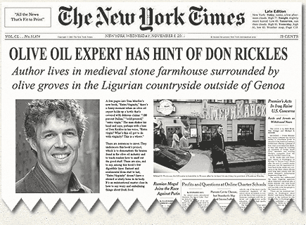 Prva stran The New York Timesa s člankom o strokovnjaku za oljčno olje in fotografijo strokovnjaka. - Olive Oil Times