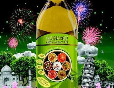 Bottle of Leonardo Olive Pomace Oil with a green label and various food images on it. - Olive Oil Times