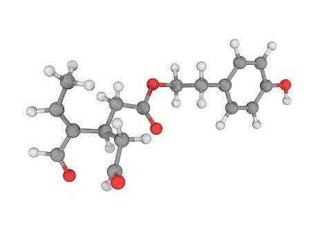 3D molecular structure of oleocanthal with atoms represented in different colors. - Olive Oil Times