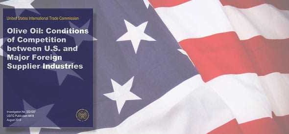 Cover of a report titled 'Olive Oil: Conditions of Competition between U.S. and Major Foreign Supplier Industries' with an American flag background. - Olive Oil Times