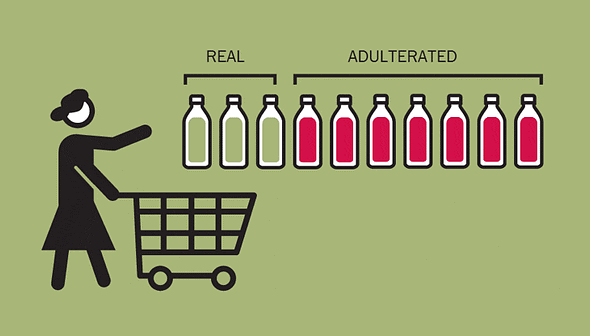 Graphic showing a person with a shopping cart next to bottles labeled real and adulterated in different colors. - Olive Oil Times