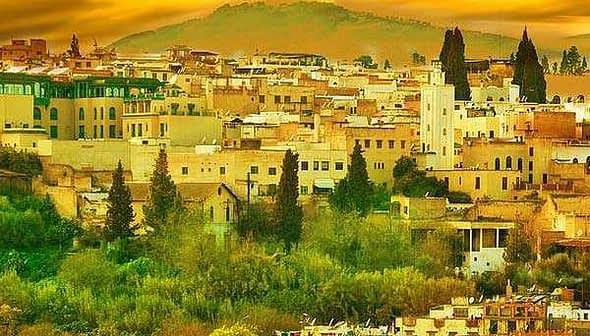 View of the city of Fez, Morocco, with buildings and trees under a yellow sunset sky. - Olive Oil Times