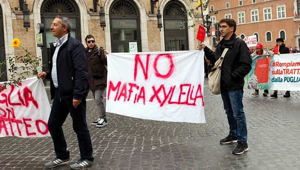 Demonstrators holding banners during a protest against Xylella in Rome, Italy. - Olive Oil Times
