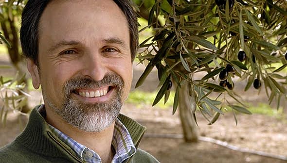 Man with a beard smiling in an olive grove with olive branches in the background. - Olive Oil Times