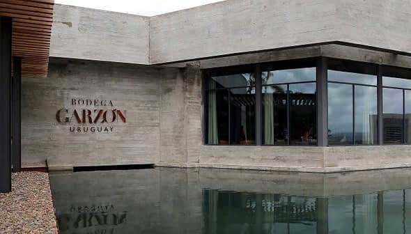 Modern architectural structure of Bodega Garzon with water reflection in front. - Olive Oil Times