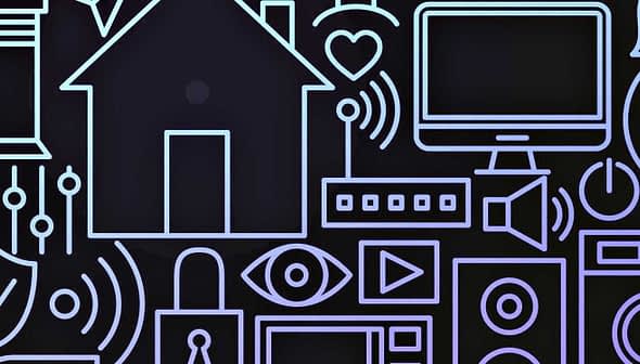 A collection of line-drawn icons depicting various smart home technology elements on a dark background. - Olive Oil Times
