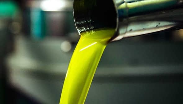 Golden green olive oil pouring from a metal spout in a production facility. - Olive Oil Times