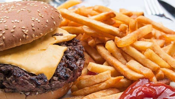 A cheeseburger with a slice of cheese and a side of French fries on a plate. - Olive Oil Times