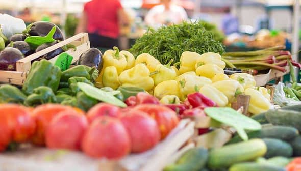 Assorted fresh vegetables including tomatoes, cucumbers, and peppers displayed at a market stall. - Olive Oil Times