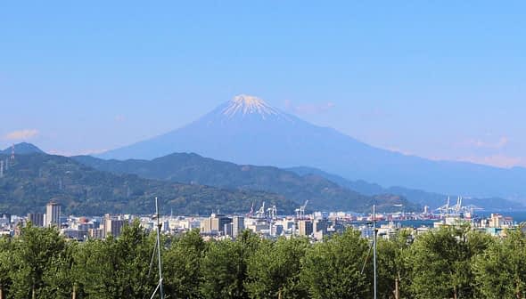 Mount Fuji visible in the background with a cityscape and trees in the foreground. - Olive Oil Times