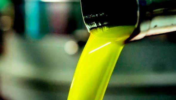 Stream of bright green olive oil pouring from a metal spout into a container. - Olive Oil Times
