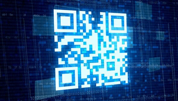 A blue QR code displayed on a digital background with binary code elements. - Olive Oil Times
