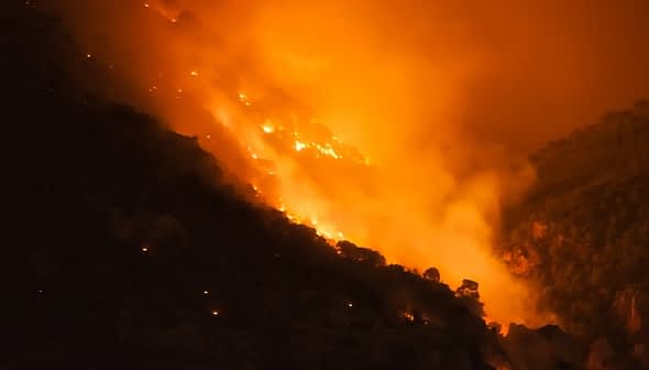 A hillside engulfed in flames during a wildfire, with smoke and orange glow visible. - Olive Oil Times